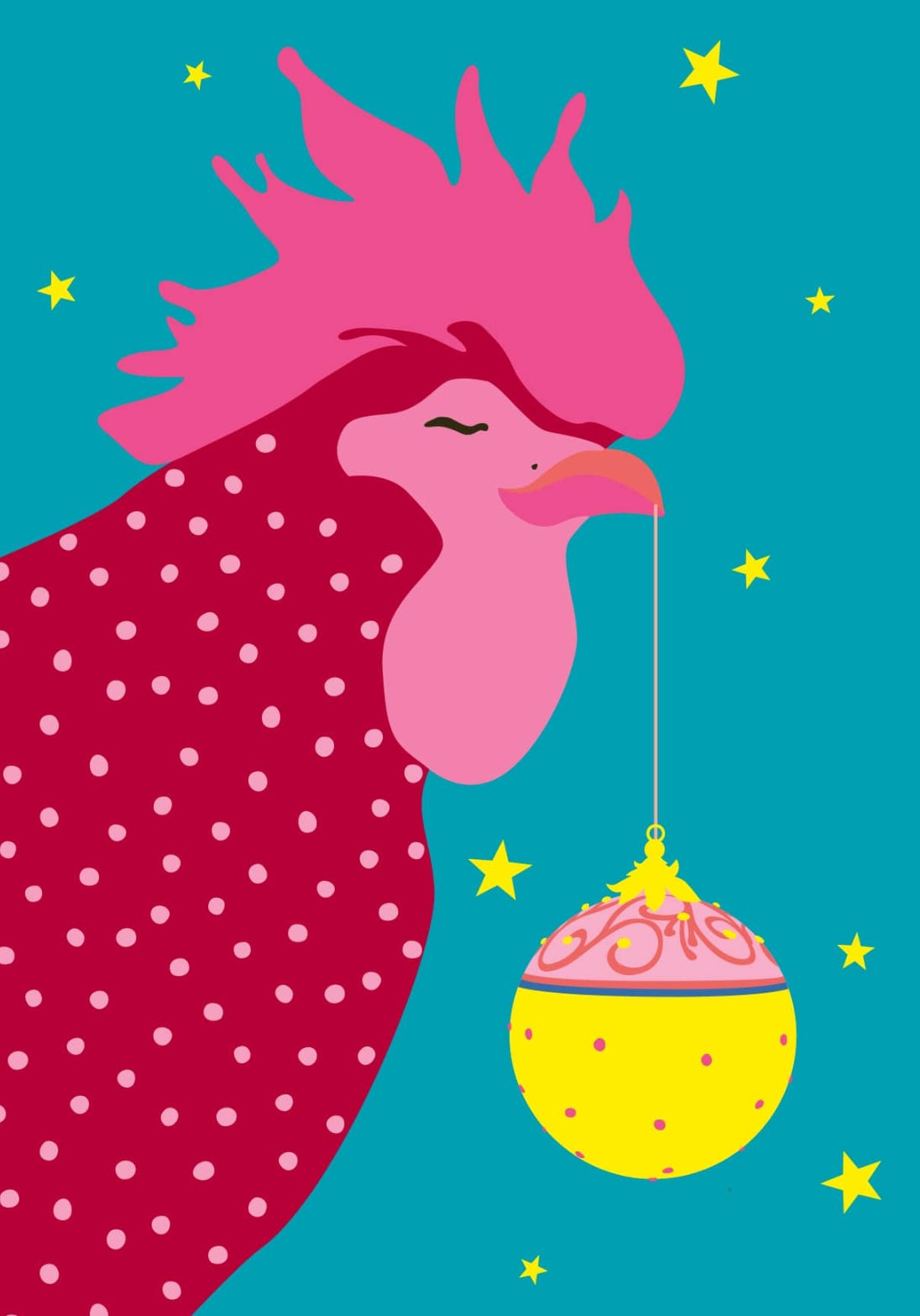 Christmas Rooster Postcard by Nobis Design featuring a Rooster with bright pink feathers and a red body covered in polka dots, holding a yellow ornament against a teal background with small yellow stars.