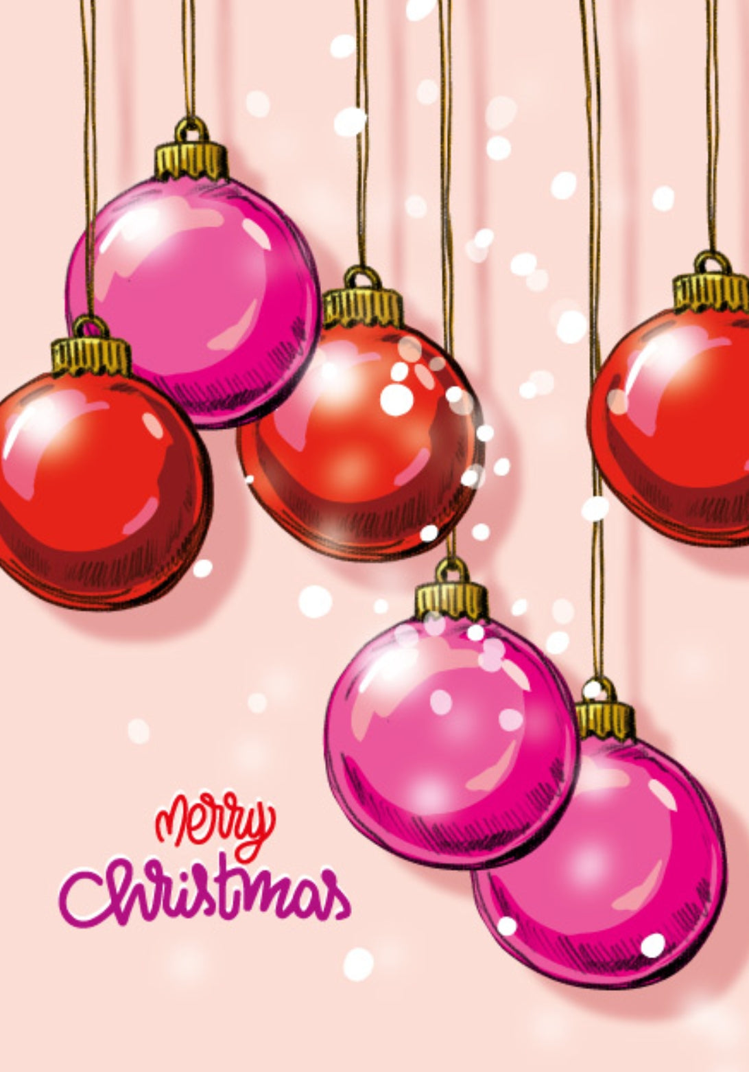Christmas Ornaments Postcard by Nobis Design featuring hanging ornaments in red and pink tones against a soft pink background with white speckles. The words 'Merry Christmas' appear in stylized red and pink script near the lower left.