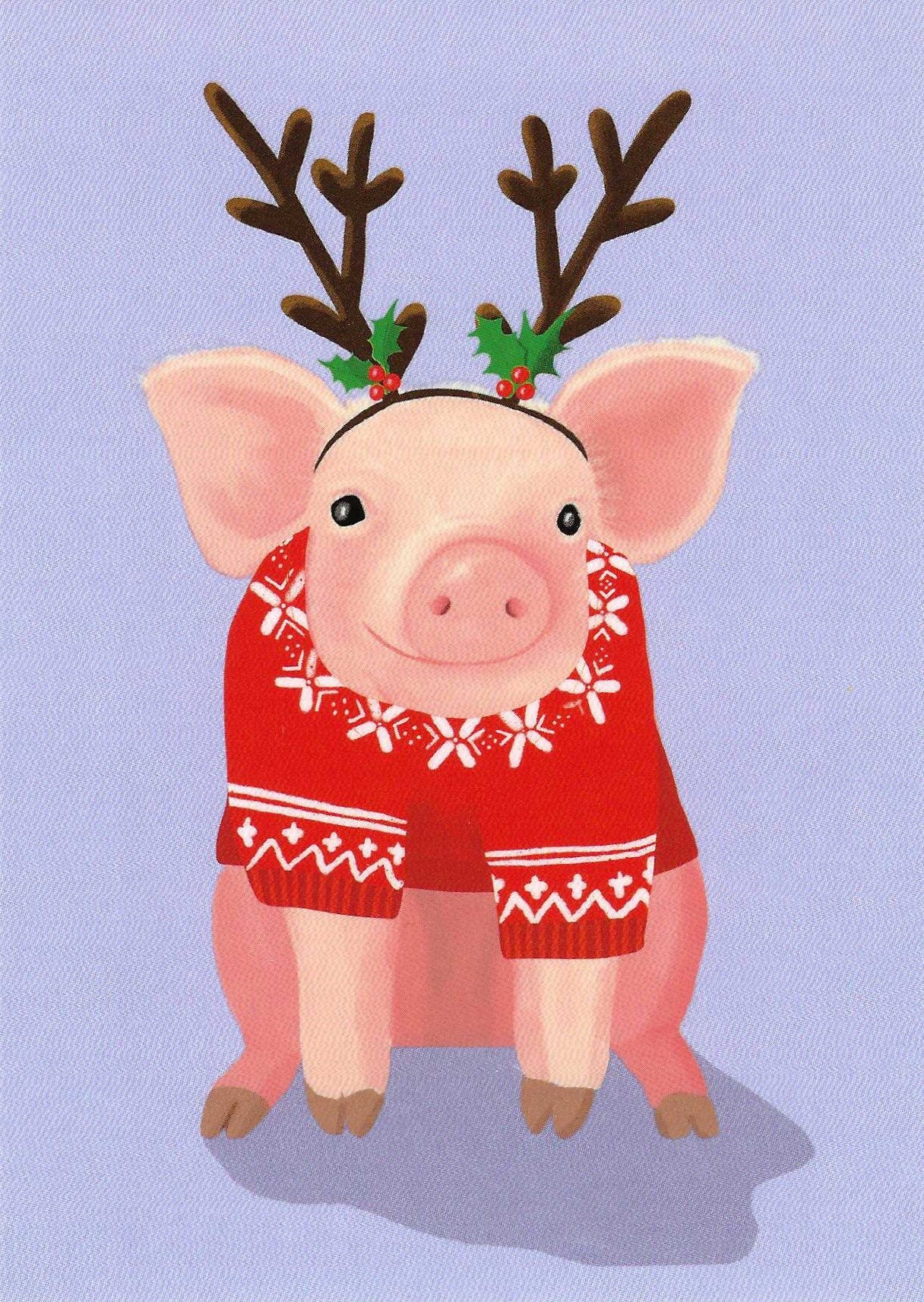 Christmas Pig Postcard by Toni Starck for Nobis Design featuring a cute pig wearing a red Christmas sweater with white patterns, brown reindeer antlers with green holly accents, against a light lavender background.