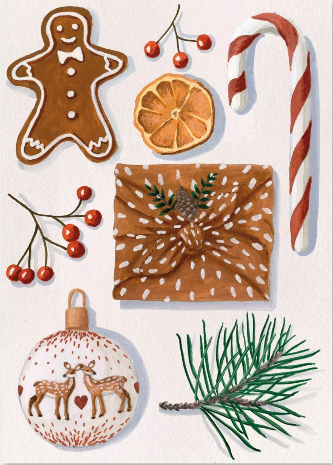 Christmas Spirit Postcard by Mélanie Voituriez featuring Christmas-themed items including a gingerbread man, candy cane, dried orange, and ornament on a light pink background.