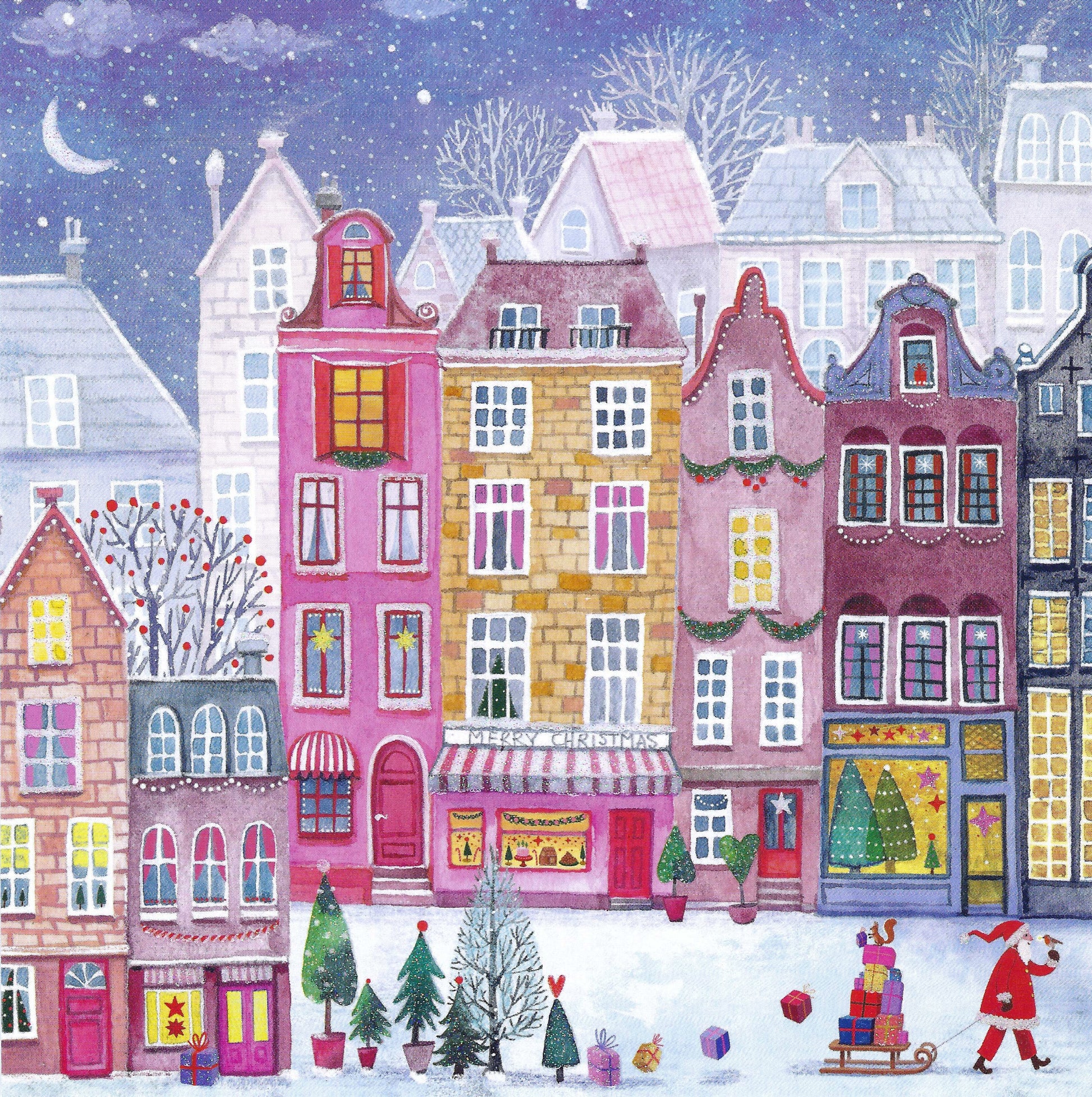 Christmas City Postcard by Mila Marquis - Edition Gollong featuring a colorful winter village scene with houses and Santa Claus.