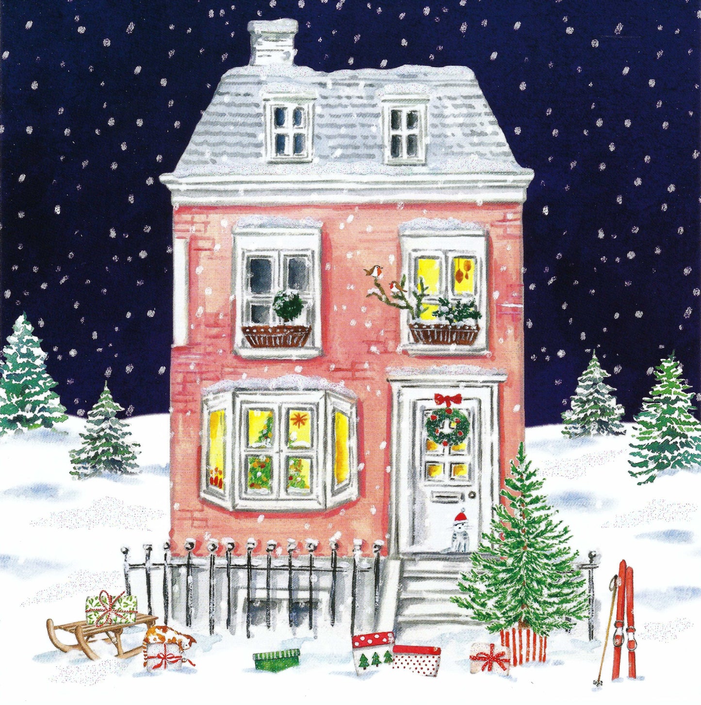 Christmas House Postcard by Carola Pabst - Edition Gollong featuring an illustration of a pink house with festive decorations on a snowy night.