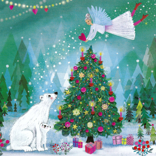 Christmas Postcard by Mila Marquis - Edition Gollong featuring an illustration of a decorated Christmas tree with polar bears and an angel.