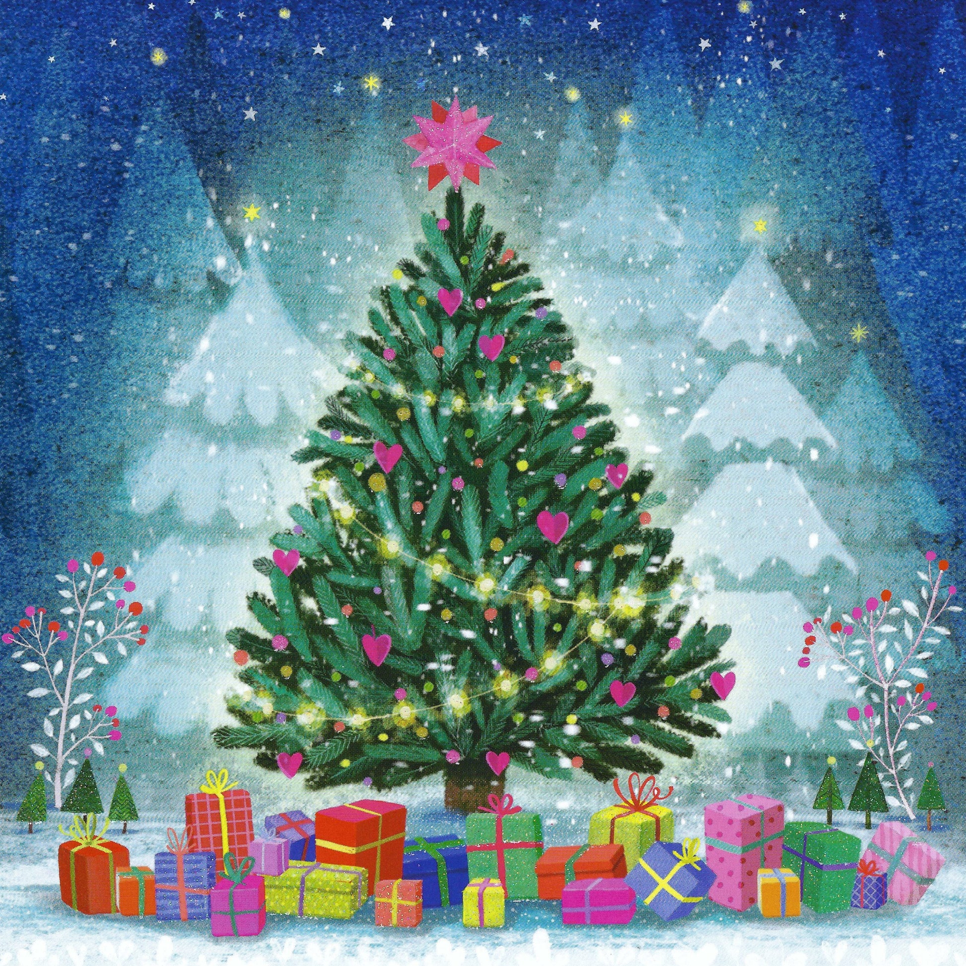 Christmas Tree Postcard by Mila Marquis - Edition Gollong with glitter details showing a decorated Christmas tree with presents in a snowy landscape