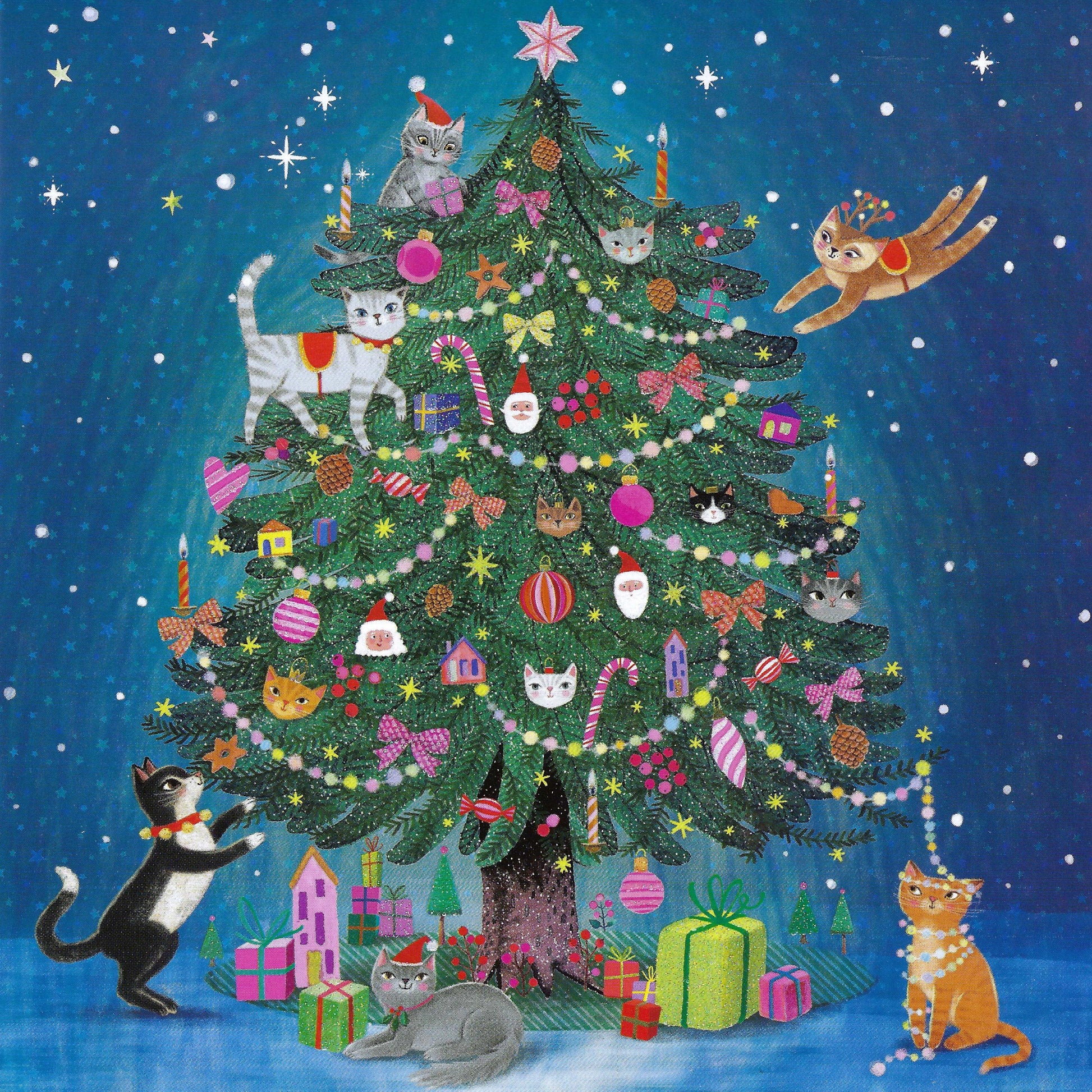 Christmas Tree with Cats Postcard by Mila Marquis - Edition Gollong featuring a decorated Christmas tree with various ornaments and cats on a blue snowy background