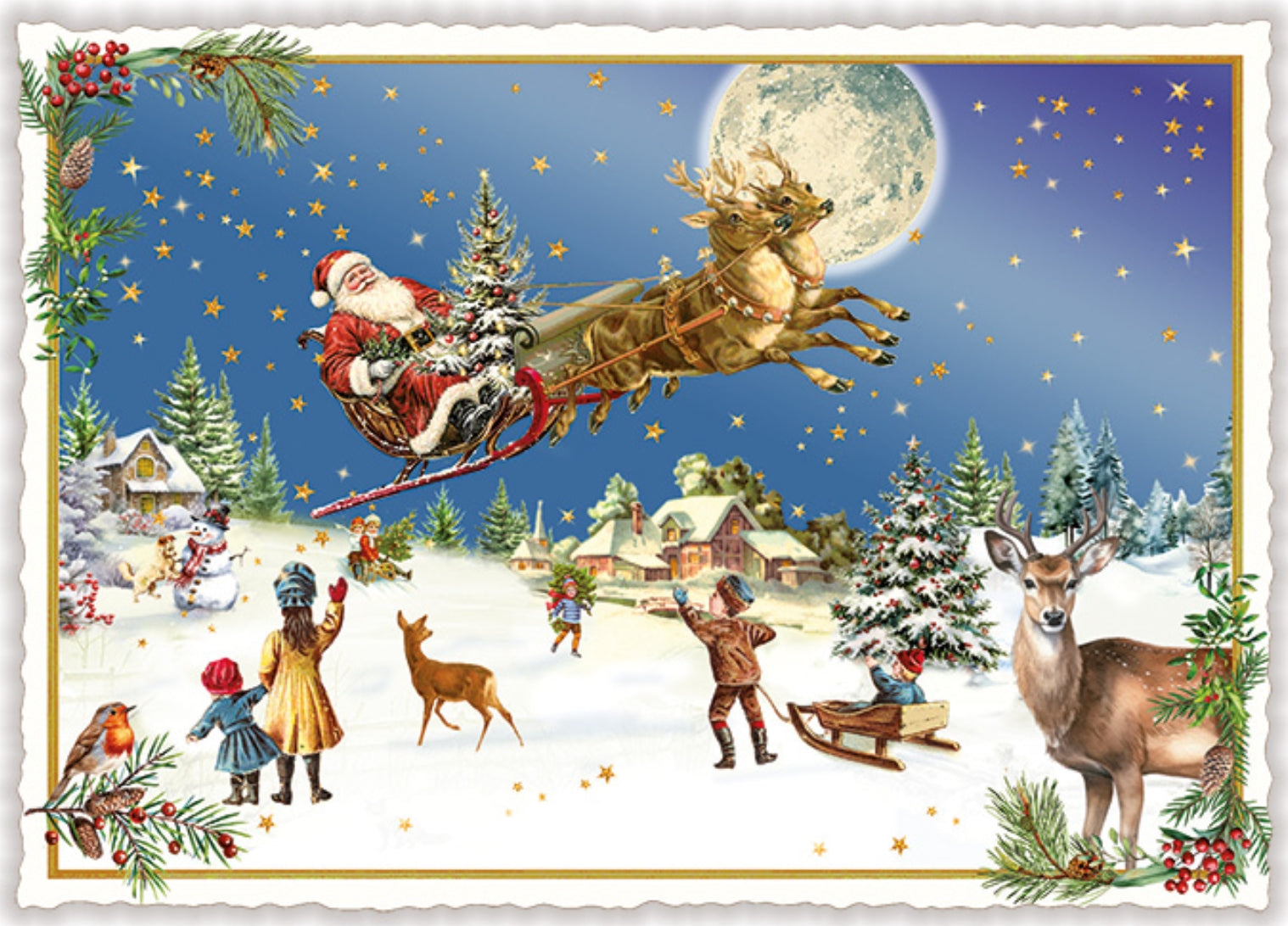 Christmas Postcard by Edition Tausendschön featuring Santa Claus flying in the air in his sleigh and children and animals.