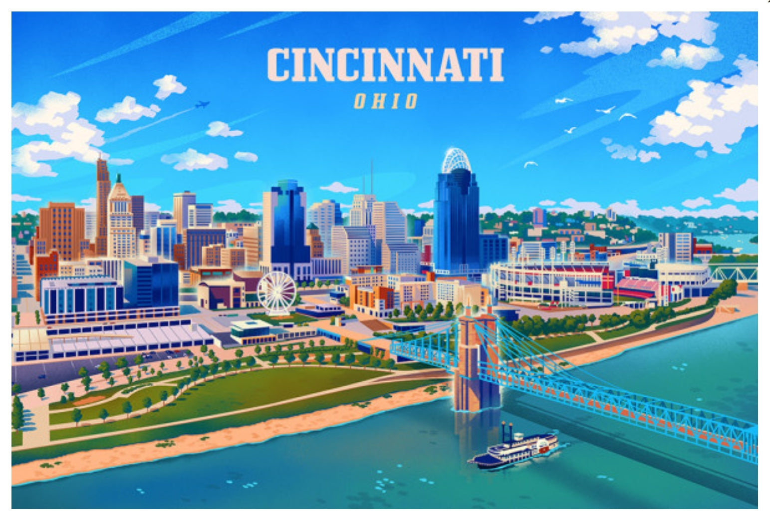 Lantern Press Postcard of Cincinnati Ohio featuring an illustrated cityscape of Cincinnati with a river and bridge.