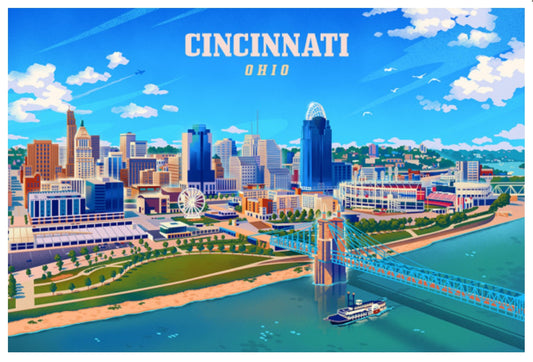 Lantern Press Postcard of Cincinnati Ohio featuring an illustrated cityscape of Cincinnati with a river and bridge.