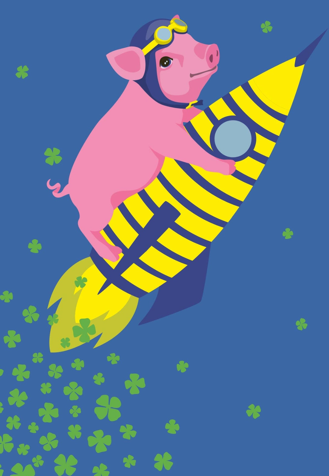 Clover Rocket Pig Postcard by Nobis Design featuring a pink pig wearing goggles and riding a yellow and blue striped rocket against a blue background with scattered green clovers.