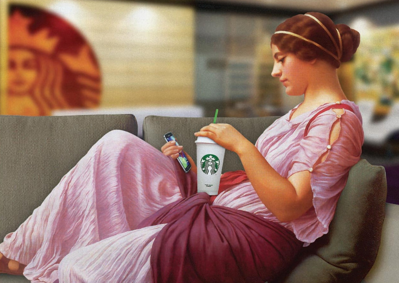Coffee Time Postcard by José Luis Guerrero featuring a woman in a pink dress lying on a couch holding a cup.