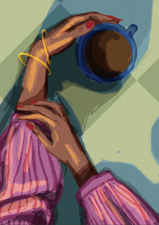 Coffee Postcard by Hello Hessah featuring an illustration of a hand holding a blue mug with coffee