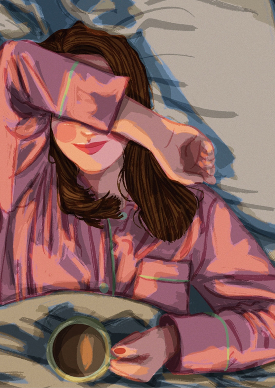 Coffee in Bed Postcard by Hello Hessah featuring a woman holding a coffee mug, lying on a bed.