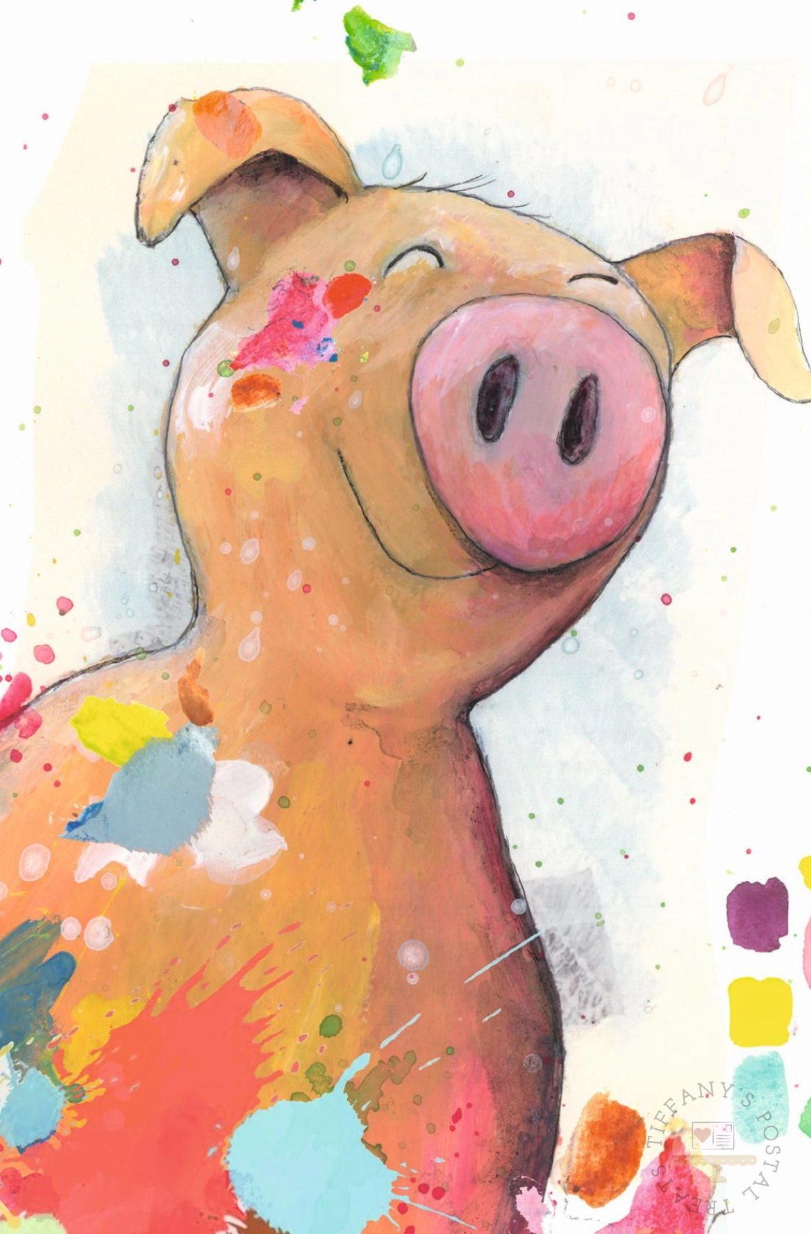 Color Rush Pig Postcard by Inkognito featuring a smiling pig with a pink snout and multicolored paint splatters on a white background.