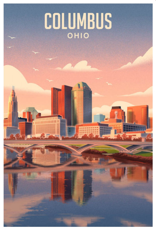 Lantern Press Postcard featuring an illustration of Columbus, Ohio skyline with a bridge and reflection in water from the Lithograph City Series.