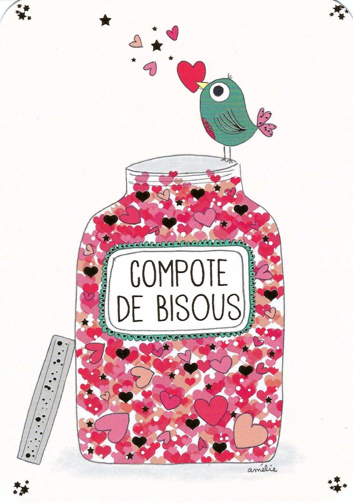 Cartes d'Art postcard featuring a bird with a jar of kisses and a jar full of hearts.