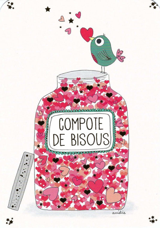 Cartes d'Art postcard featuring a bird with a jar of kisses and a jar full of hearts.
