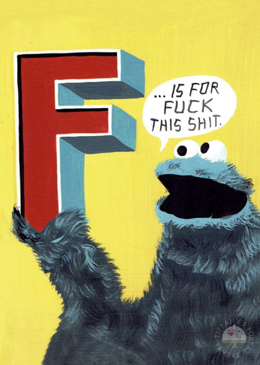 Cookie Monster F is for ... Postcard by Inkognito featuring an illustration of the Cookie Monster holding a large red letter F with a speech bubble.