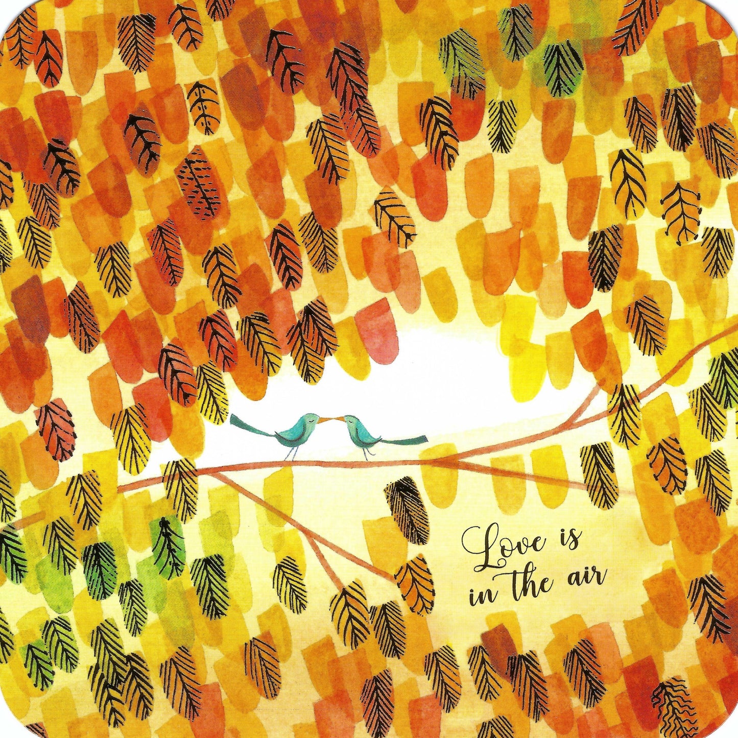 "Fall-themed postcard featuring a romantic illustration of autumn leaves and a bird, with the phrase 'Love is in the Air' in gold foil script and rounded corners – perfect for seasonal snail mail and Postcrossing