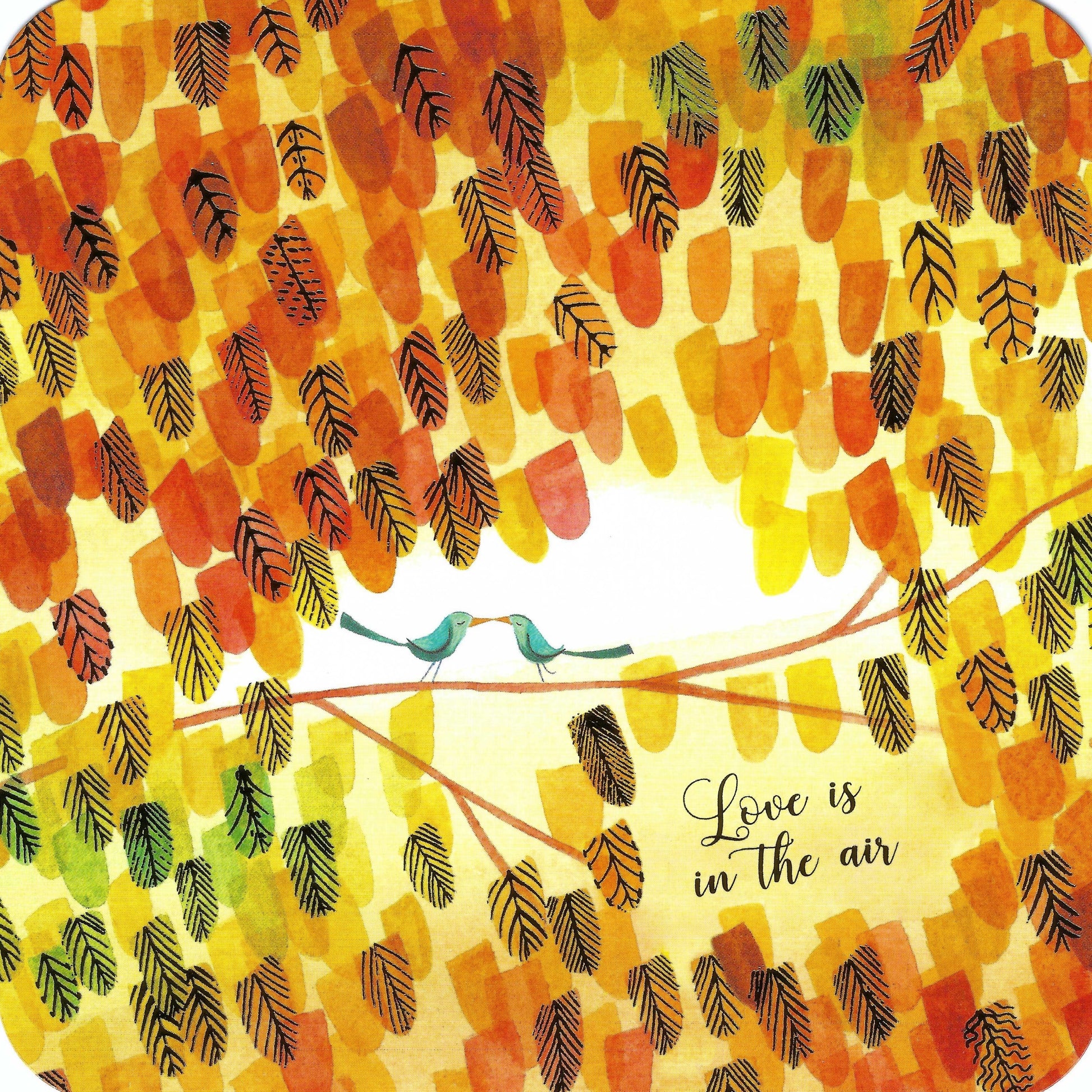 "Fall-themed postcard featuring a romantic illustration of autumn leaves and a bird, with the phrase 'Love is in the Air' in gold foil script and rounded corners – perfect for seasonal snail mail and Postcrossing