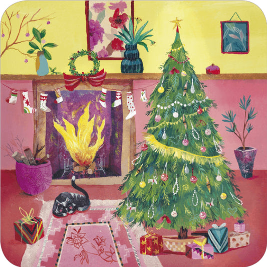 Correspondances - Izou - Christmas by the Fire - Cat - Postcard with gold foil details