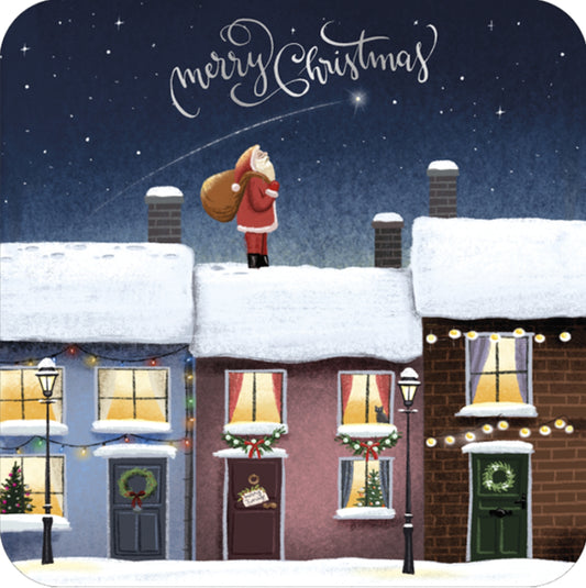 Merry Christmas postcard by Correspondances featuring snowy village scene, Santa Claus, and silver foil accents on square card
