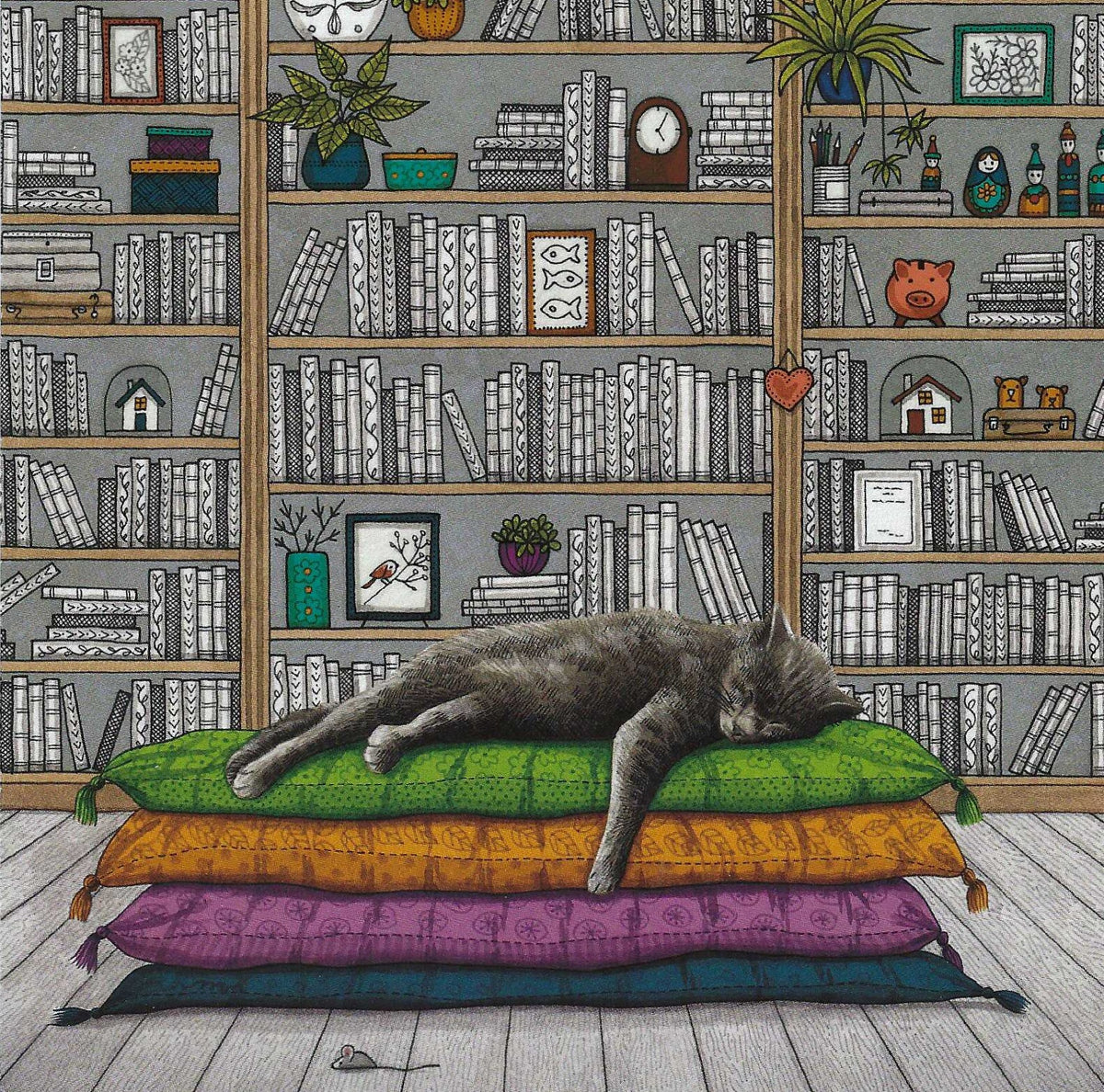 Cozy Cat Nap Postcard by Myriam Nion - Editions Titi Pinson featuring a cat sleeping on a stack of colorful cushions in a room with bookshelves and decorative items.