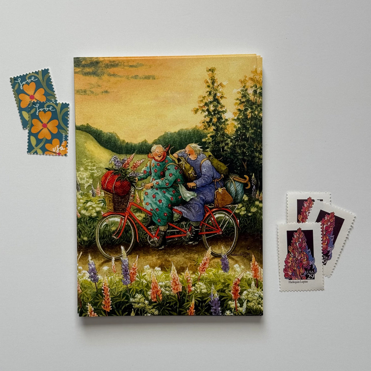Inge Löök Postcard - Tandem Bicycle - Lupines