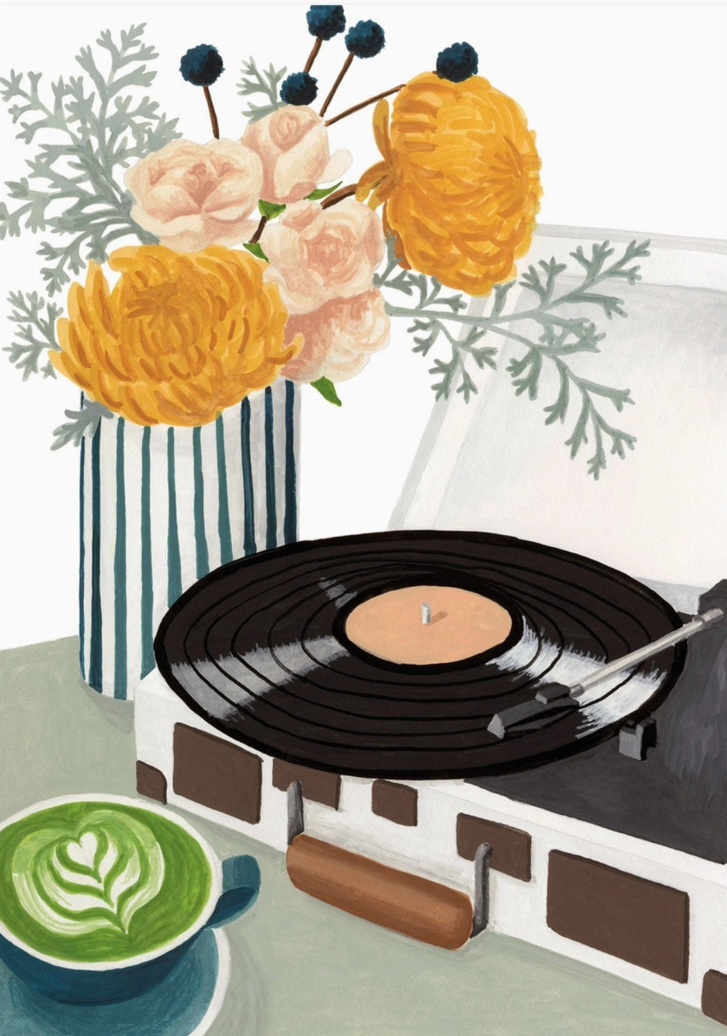 Dahlia Postcard by Mélanie Voituriez featuring an Illustrated still life with a turntable holding a black vinyl record, a striped vase of yellow and blush flowers