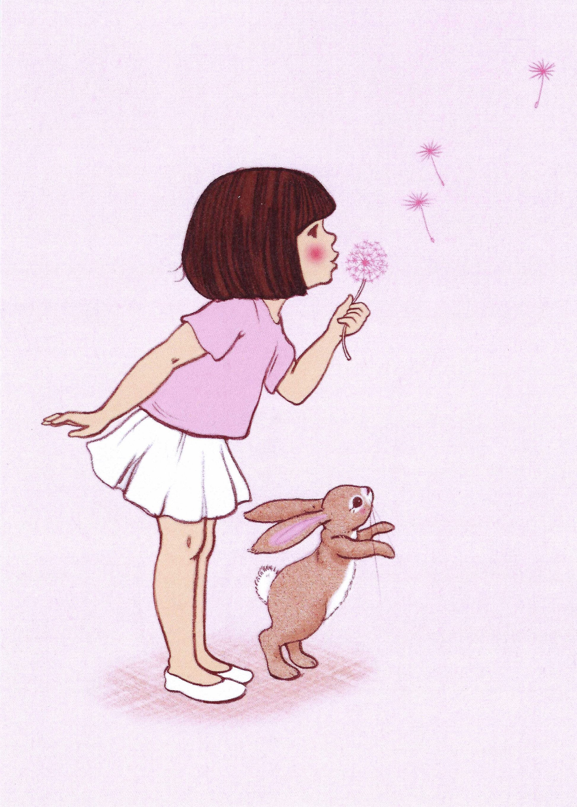 Dandelion Postcard by Belle and Boo featuring an illustration of a girl blowing a dandelion with a rabbit on a pink background