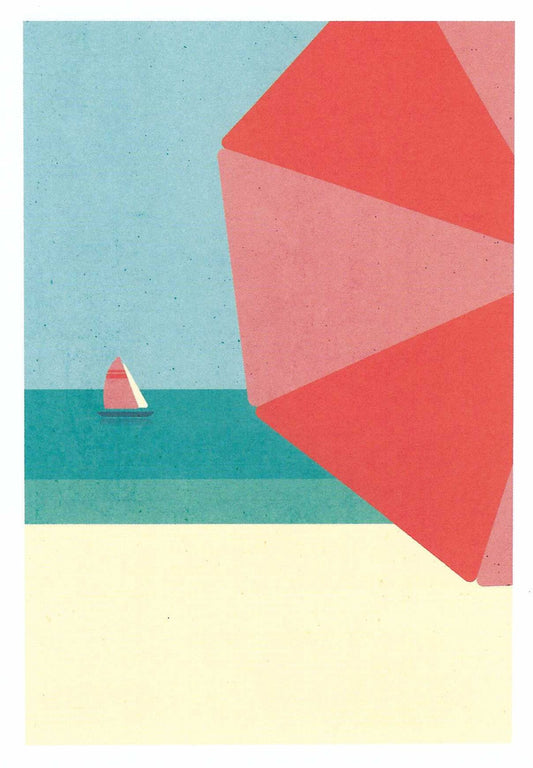 Sailboat Postcard by Nobis Design featuring a geometric design with a red umbrella, sailboat, and blue sky 