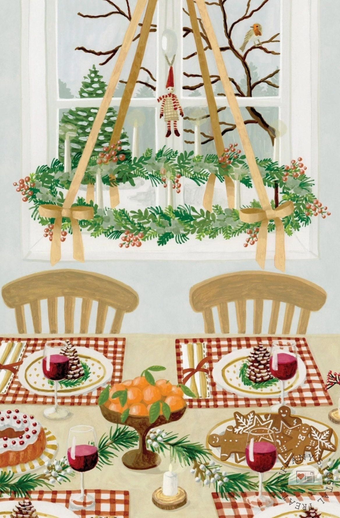 Day of Celebration Postcard by Mélanie Voituriez featuring a festive Christmas table setting illustration with red-and-white checkered placemats, plates, wine glasses, gingerbread cookies, pinecones, green garlands, and a large wreath hanging from wooden A-frames in front of a window.