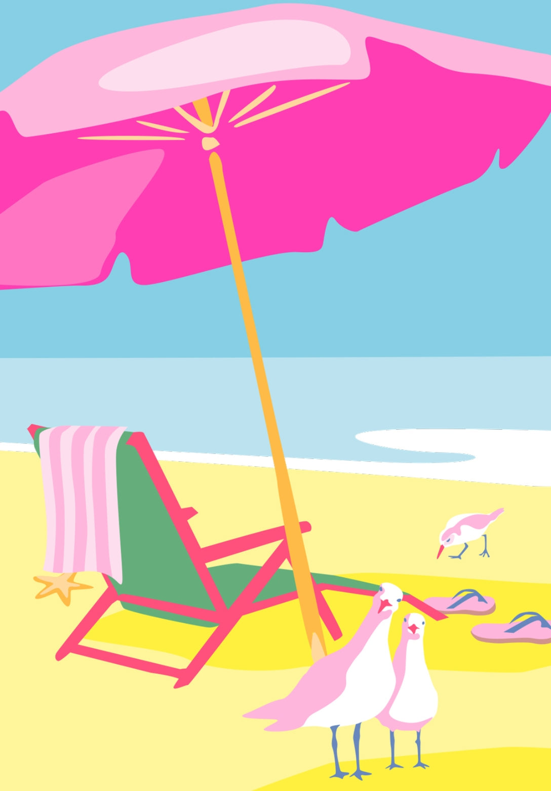 Deckchair by the Sea Postcard by Nobis Design featuring a beach scene with pink umbrella, green chair, and seagulls on a yellow sand background