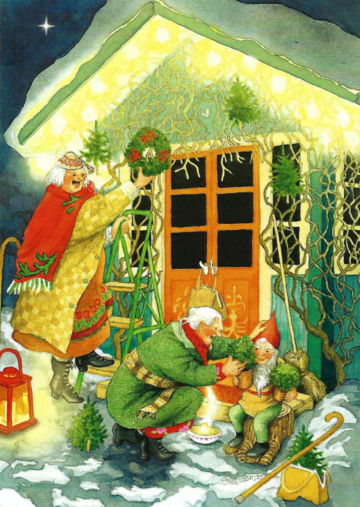 Decorating for Christmas Postcard by Inge Löök featuring an illustration of two old ladies and an elf decorating a house for Christmas.
