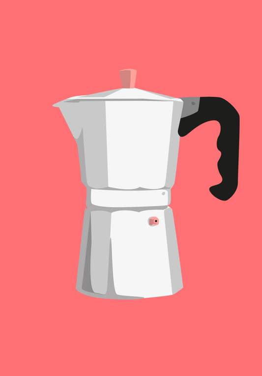 Espresso Maker Bright Neon Postcard by Design Classics for Nobis Designs featuring an espresso maker on a bright orange background