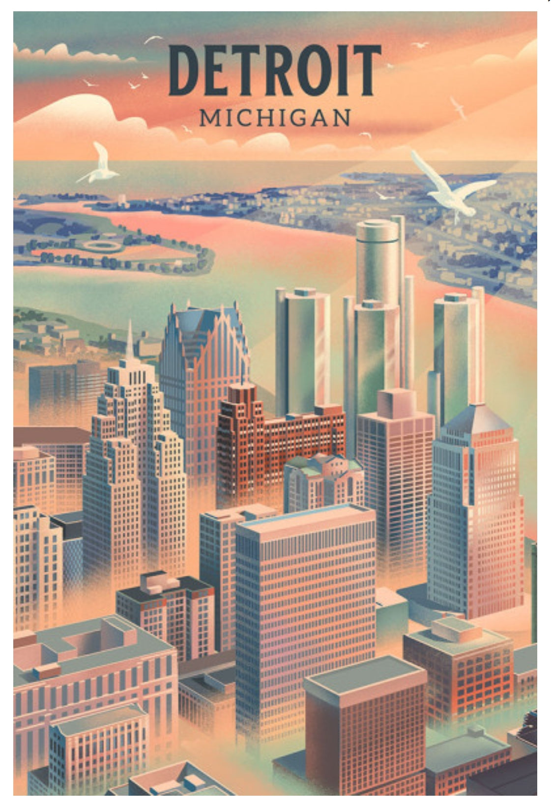 Detroit, Michigan Postcard - Lithograph City Series by Lantern Press featuring a retro isometric illustration of the city skyline, skyscrapers, a river, and a warm peach and teal sunset sky with birds flying.