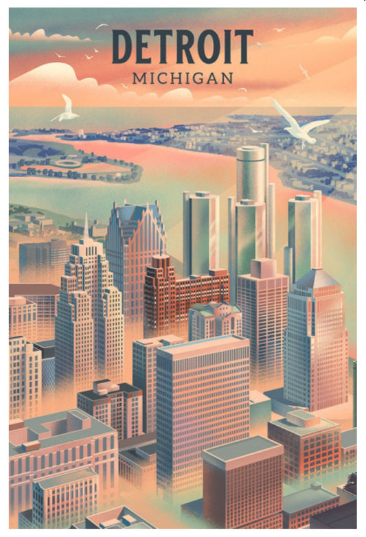 Detroit, Michigan Postcard - Lithograph City Series by Lantern Press featuring a retro isometric illustration of the city skyline, skyscrapers, a river, and a warm peach and teal sunset sky with birds flying.