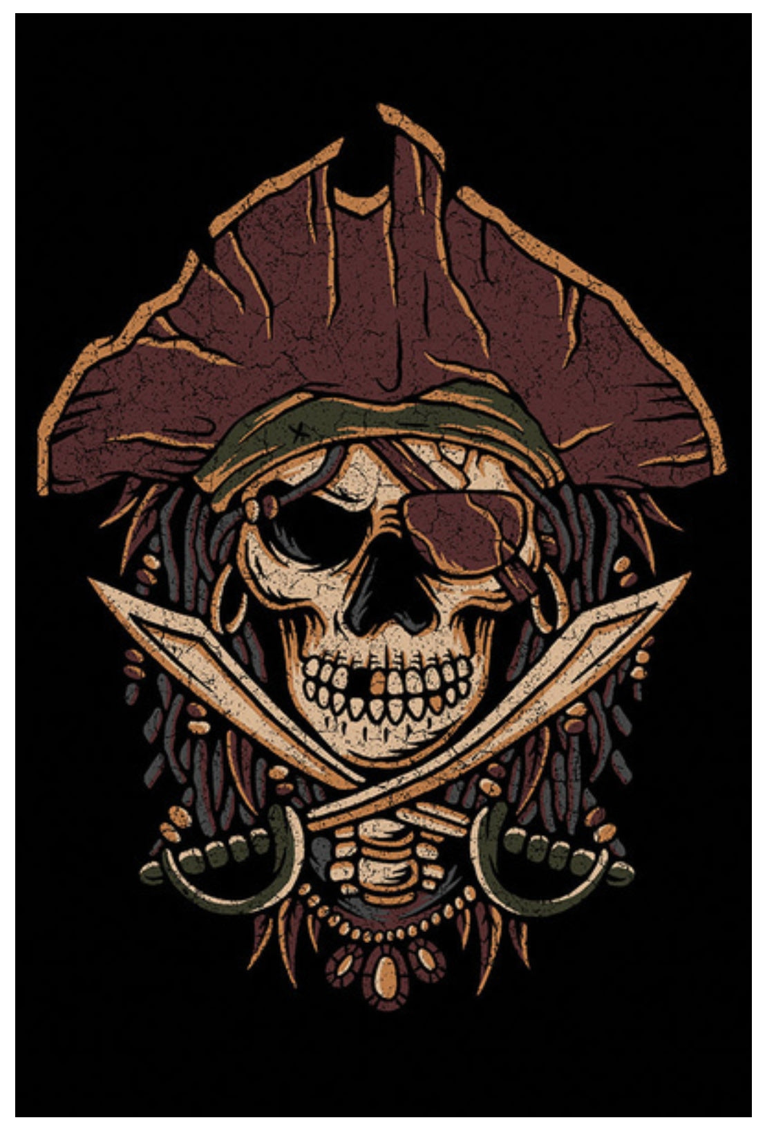 Distressed Skull Pirate Postcard by Lantern Press featuring a pirate skull graphic on a black background, wearing a large brown hat, eyepatch, and dreadlocks, with crossed cutlasses and a beaded necklace below.