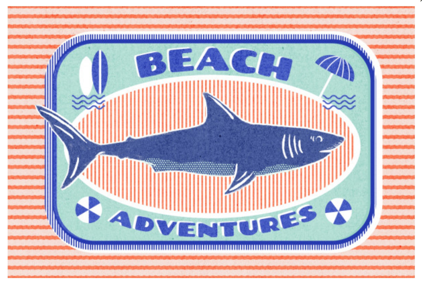 Dockside Series - Shark Postcard by Lantern Pres featuring a blue shark with the words 'BEACH ADVENTURES' and small beach-themed icons including a surfboard, waves, and umbrella on a coral-and-white striped background.