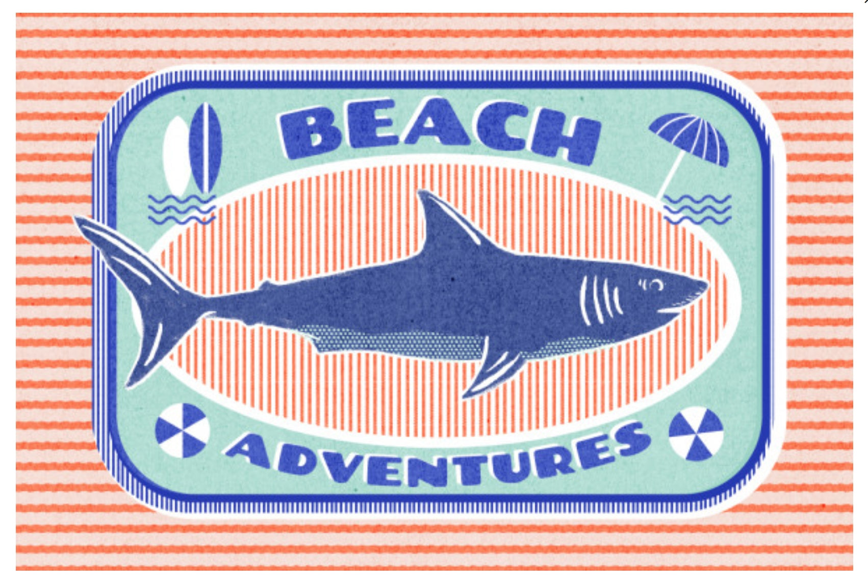 Dockside Series - Shark Postcard by Lantern Pres featuring a blue shark with the words 'BEACH ADVENTURES' and small beach-themed icons including a surfboard, waves, and umbrella on a coral-and-white striped background.