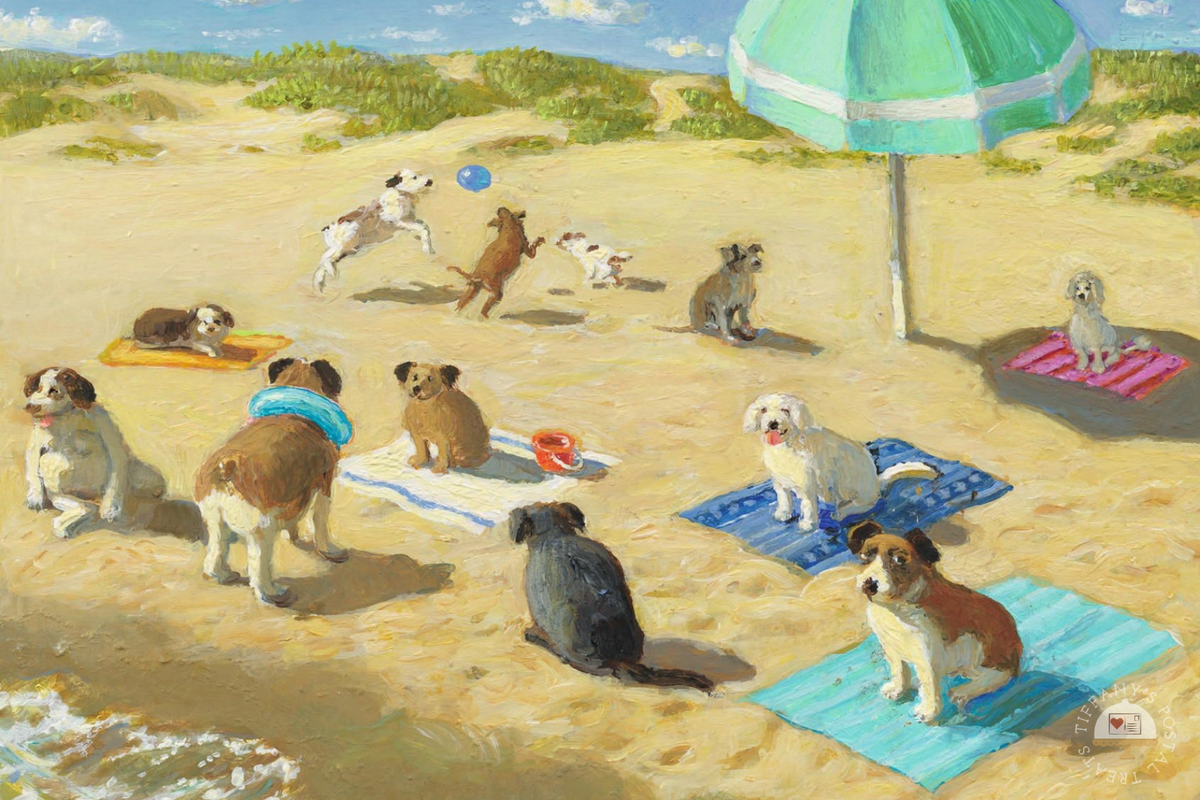 Dog Days Postcard by Inkognito featuring multiple dogs lounging and playing on towels and sand under a mint green umbrella. The artwork has a warm sandy beige foreground, blue water at the lower left, and green dunes in the background.