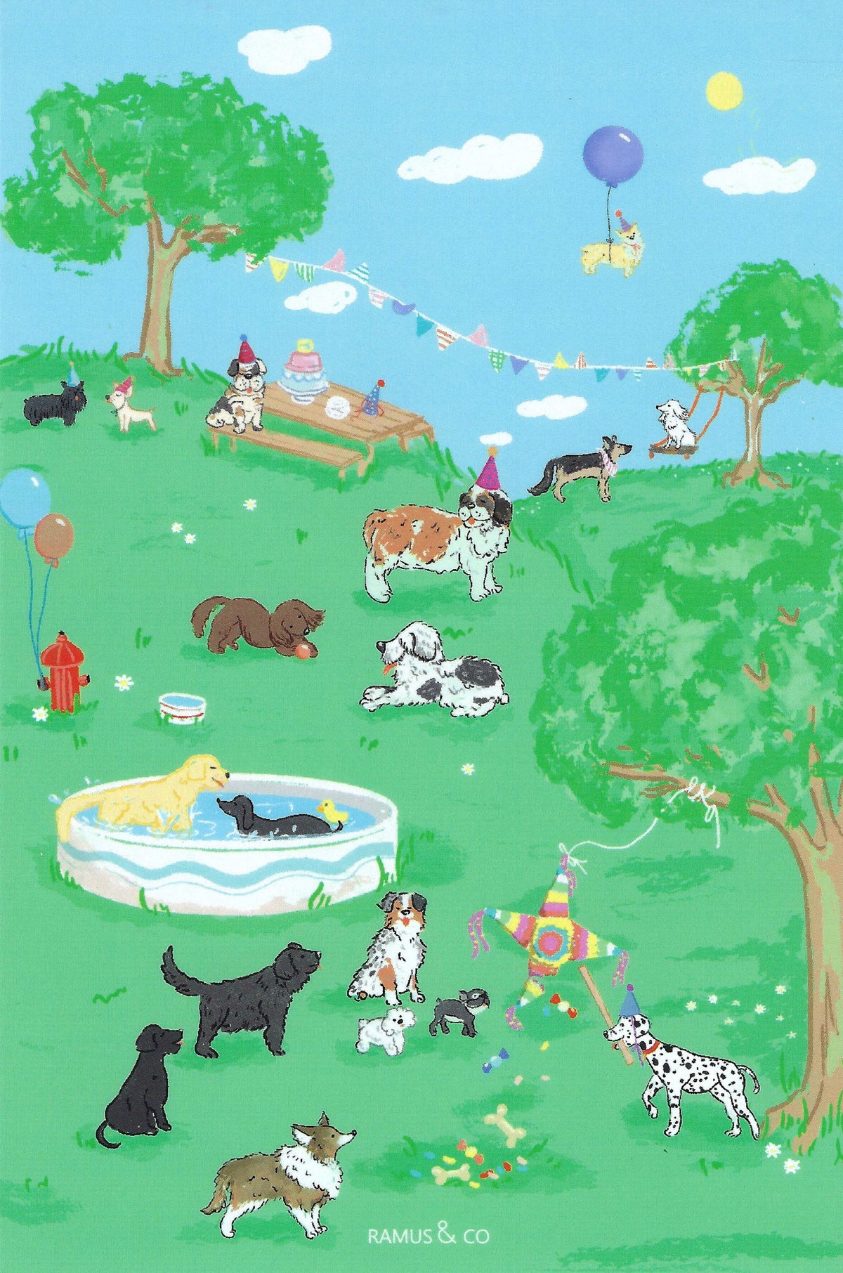 Dog Party Postcard by Ramus & Company featuring an illustration of dogs playing in a park with trees, balloons, and a pool.