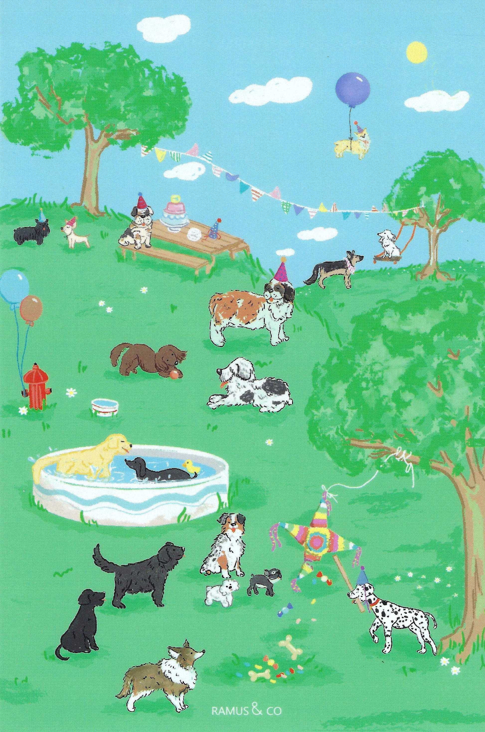 Dog Party Postcard by Ramus & Company featuring an illustration of dogs playing in a park with trees, balloons, and a pool.