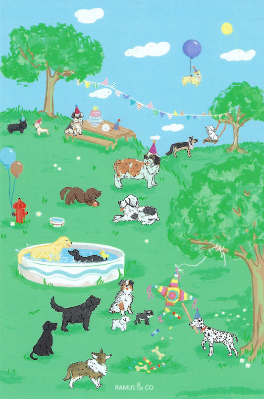 Dog Party Postcard by Ramus & Company featuring an illustration of dogs playing in a park with trees, balloons, and a pool.