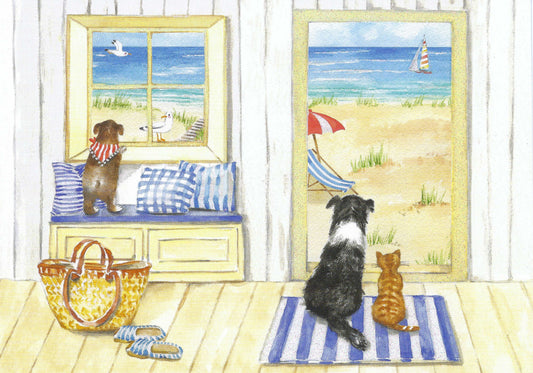 Dogs and Cat at the Beach Postcard by Carola Pabst - Edition Gollong  featuring an illustration of dogs and a cat looking out windows at a beach scene.