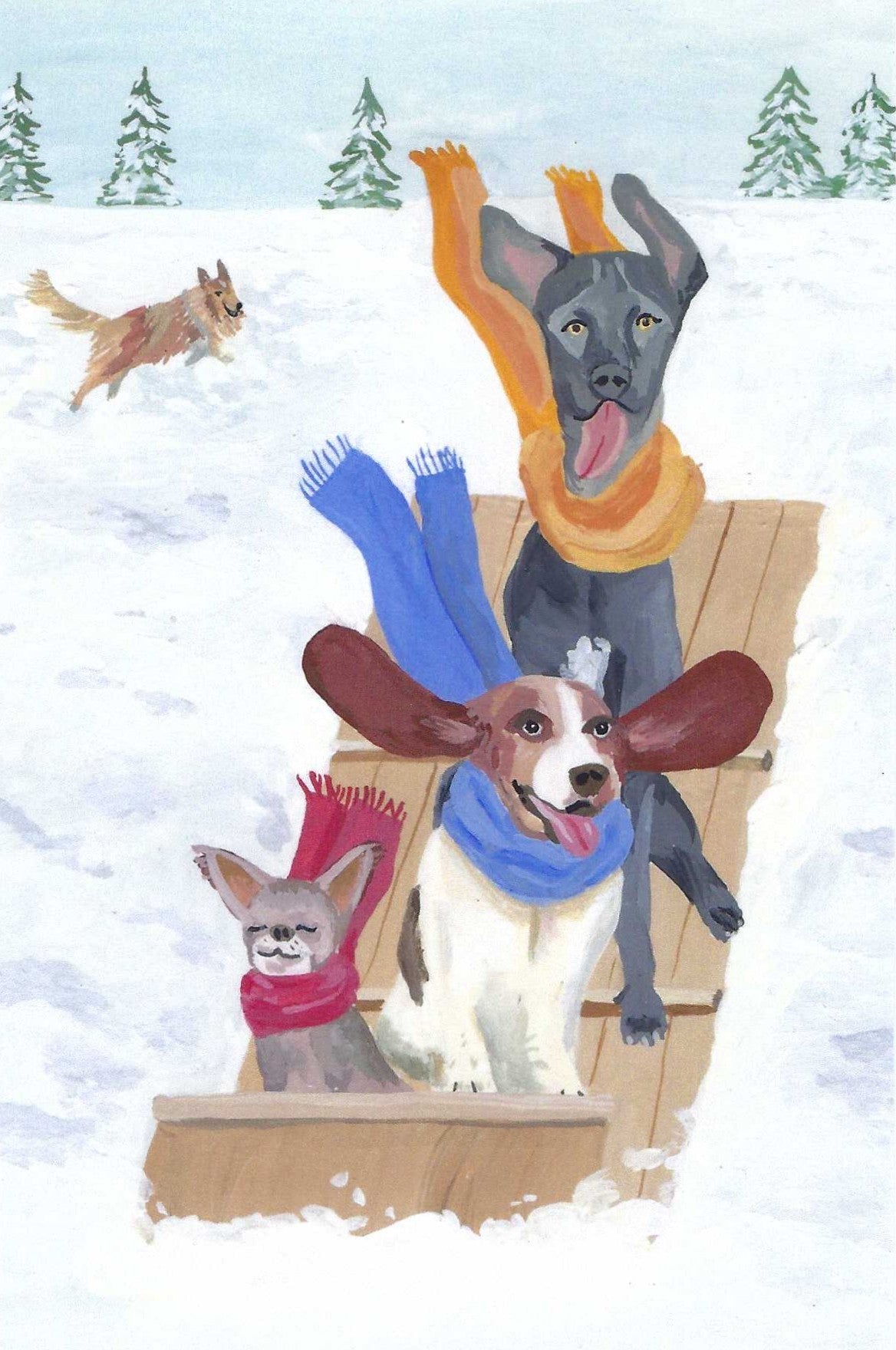 Dogs on Sled Postcard by Das Brooklyn featuring a winter illustration of three dogs on a wooden sled on a snowy landscape. The dogs wear colorful scarves.