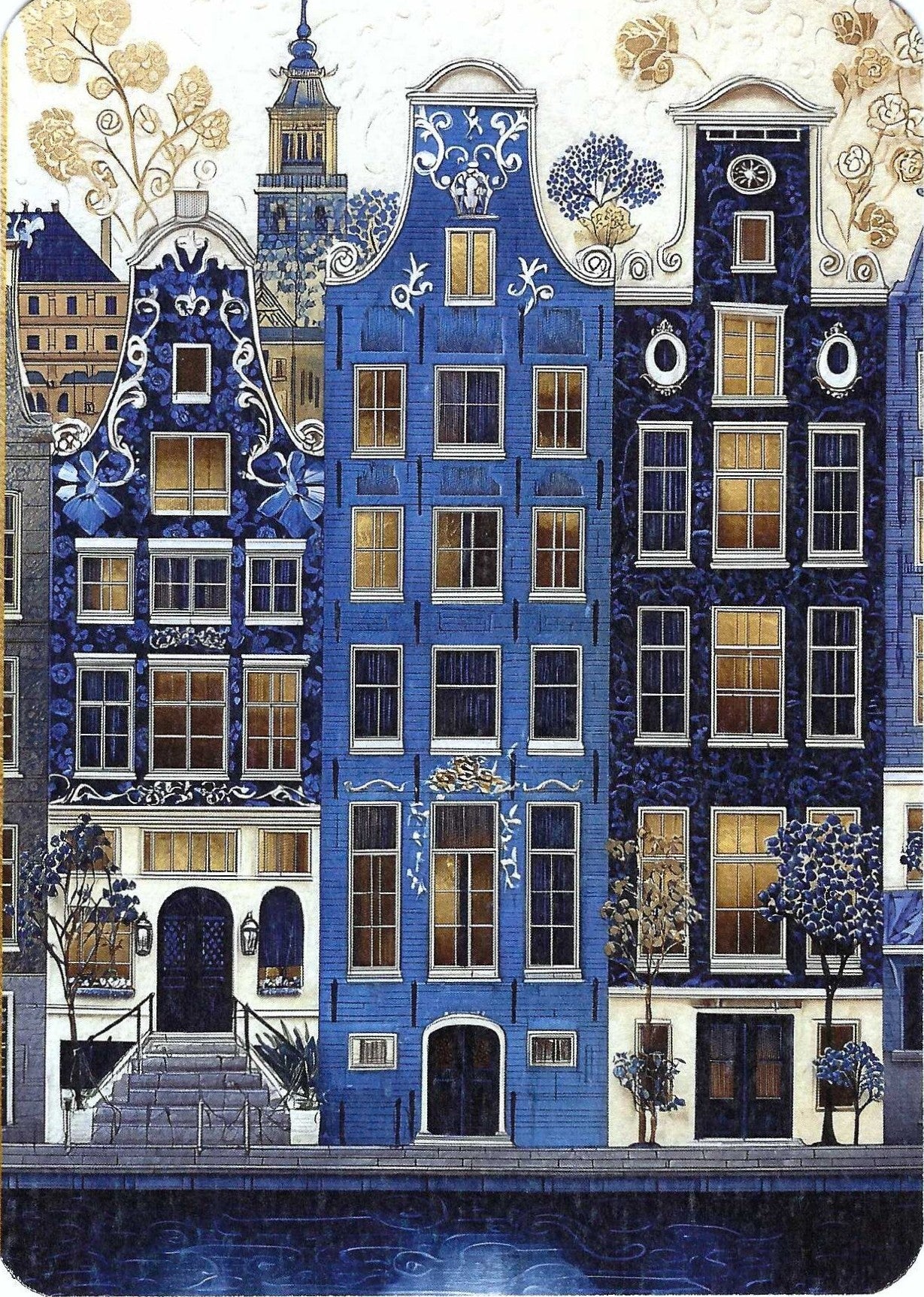 Dutch Golden Age Canal Facades by Fripperies featuring a decorative design of Dutch canal houses with intricate details and a blue and gold color scheme.