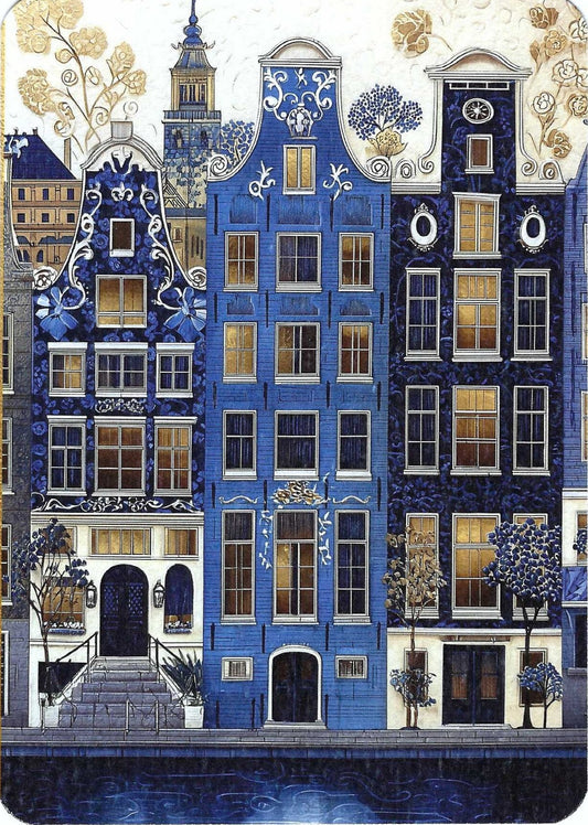 Dutch Golden Age Canal Facades by Fripperies featuring a decorative design of Dutch canal houses with intricate details and a blue and gold color scheme.