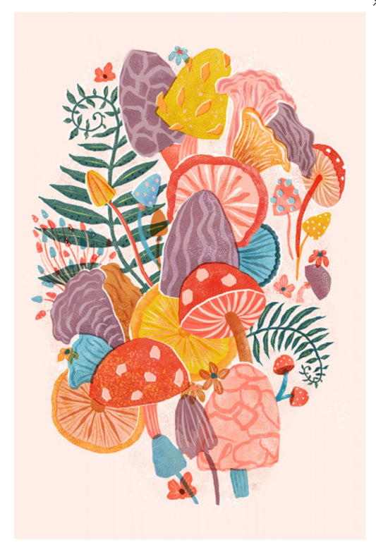 Lantern Press Postcard featuring a colorful illustration of mushrooms and plants on a light pink background