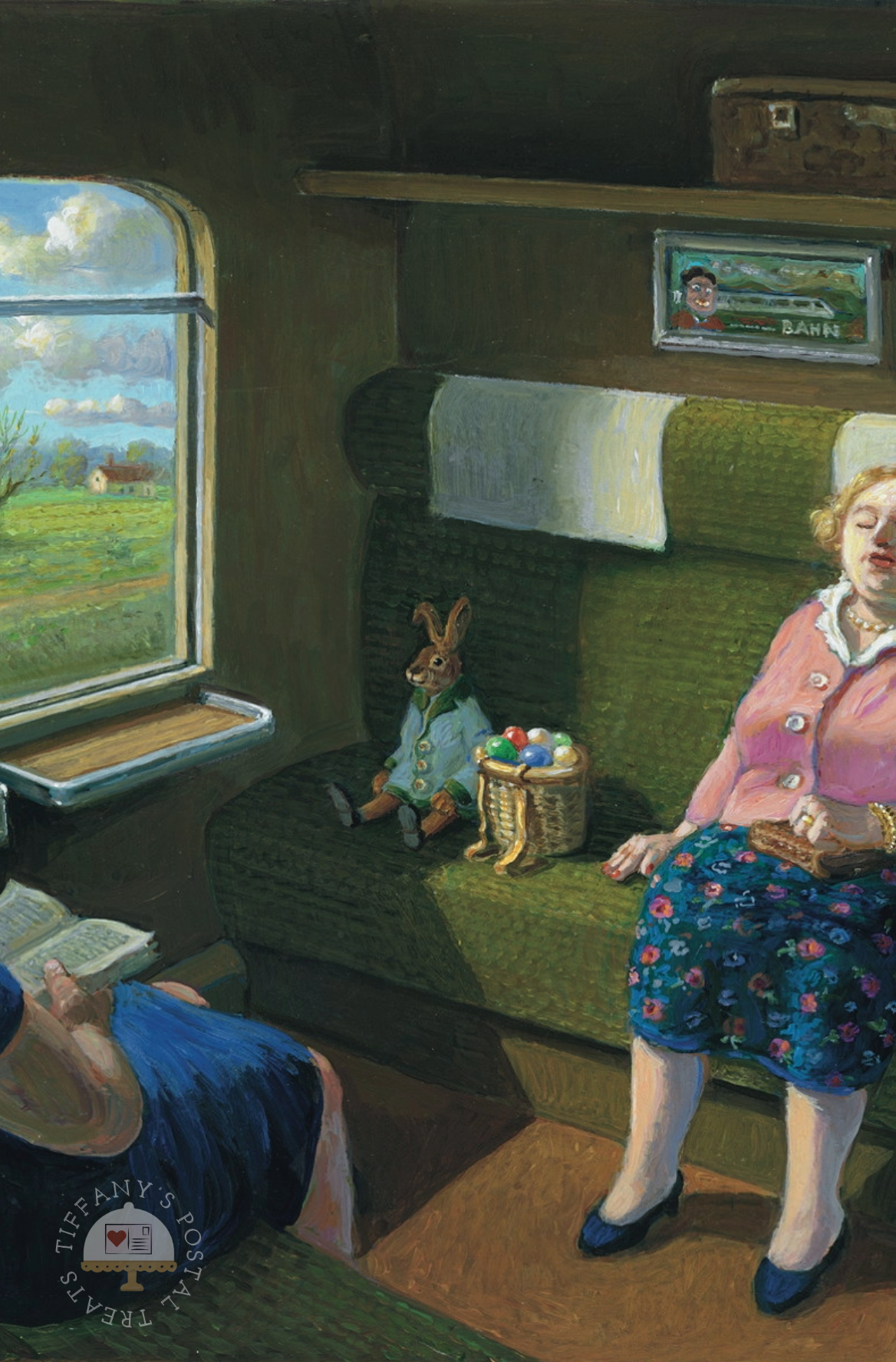 Easter Bunny on the Train Postcard by Inkognito featuring an Easter bunny and a basket of colorful eggs on a train seat, with passengers resting and reading as countryside scenery passes outside the window.