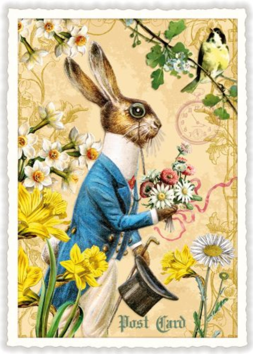 Vintage-style Easter postcard with a rabbit in a blue coat holding flowers and a top hat, surrounded by flowers and leaves.